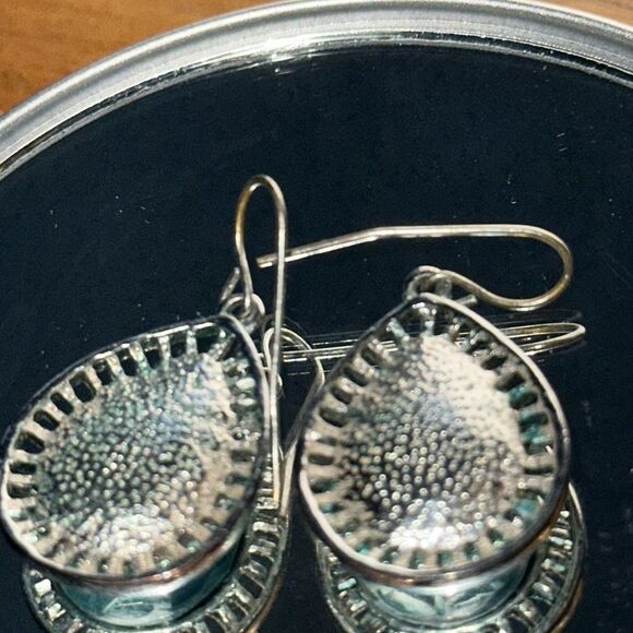 Silver Tone and Light Blue Faceted Stone Teardrop Wire Earrings - Picture 3 of 3